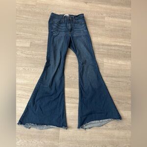 Judy Blue Super Flare Jeans juniors Sz 7/28 Frayed Hem Dark Wash Bell Bottom 70s